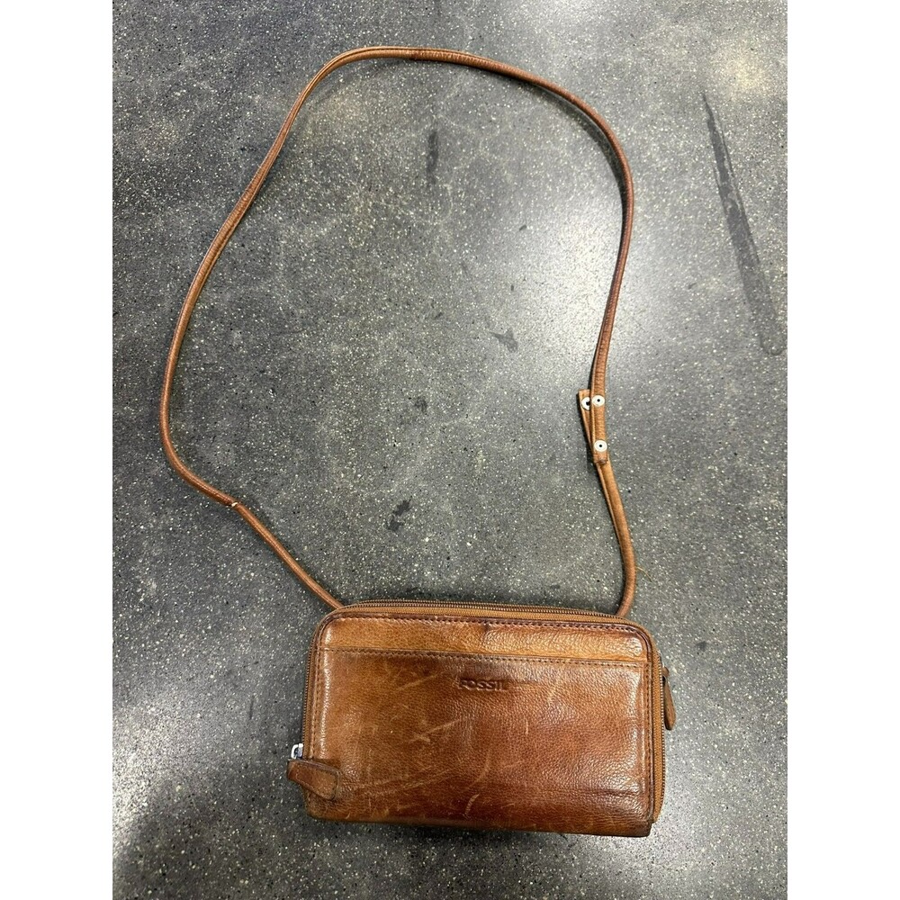 Vintage Fossil Brown Leather Organizer Crossbody Wallet Purse Phone Bag